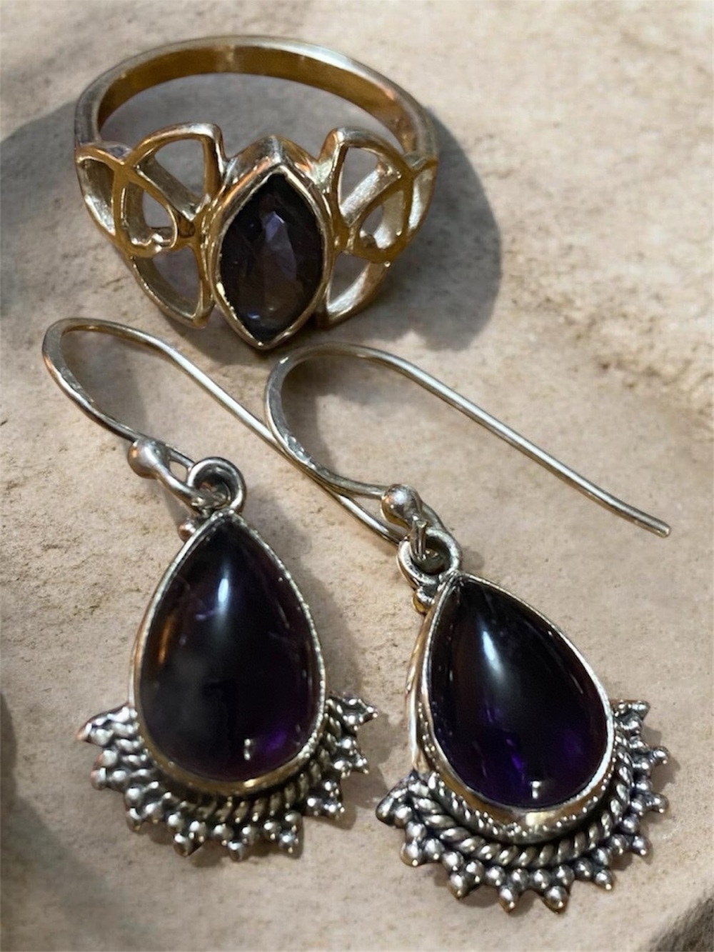 Genuine Purple African Amethyst  Earrings and Ring (Size:6) Set
